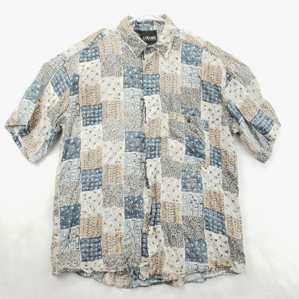 Colore Italia Silk Shirt Mens L Gray Blue Plaid Short Sleeve Classic Button-Up